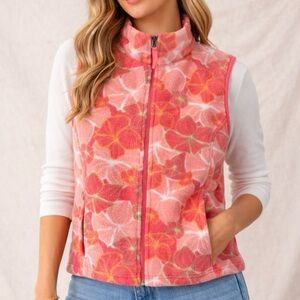 Size Medium L.L. Bean Pink Floral Fleece Vest Womens Zip Up Jacket Outdoor